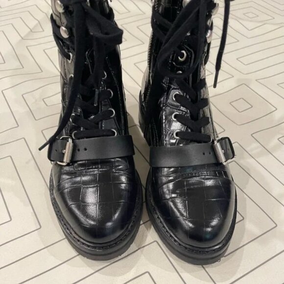 All Saints Embossed Crocodile Black Leather Combat Boots, Size 38 - Picture 5 of 10